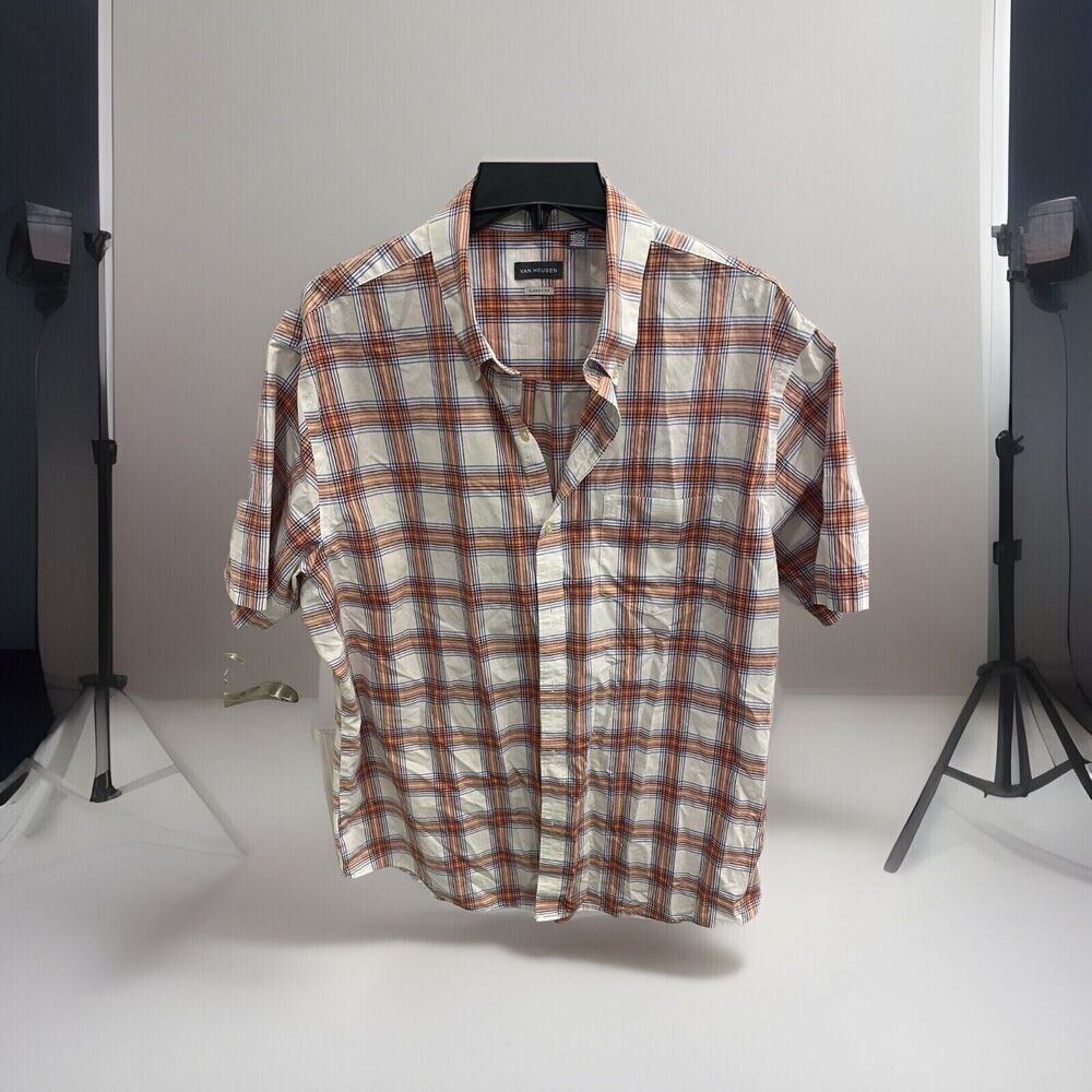 Van Heusen Short Sleeve White With Orange And Blue Plaid Stripes Men’s XL